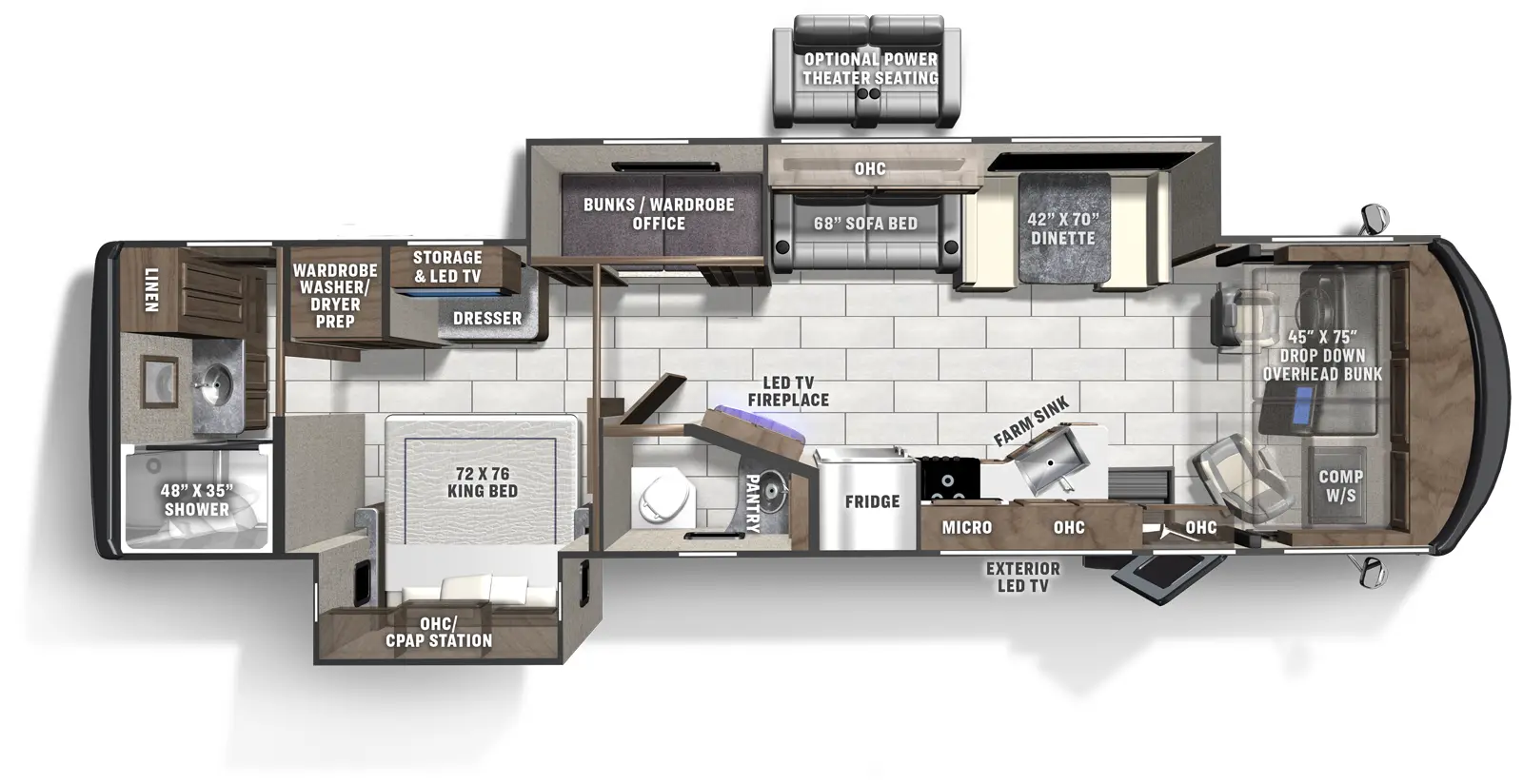 The Mirada 35ES has 2 slide outs located 1 on the off-door side and 1 door side; 1 entry door. Interior layout from front to back; front cockpit with drop down front bunk and computer work station on the door side; door side kitchen with farm sink near entry, microwave above stovetop and fridge; next to LED TV and fireplace; off-door side 42 inch by 70 inch dinette next to 68 inch sofa with bed; door side half bathroom with toilet and sink; off-door side bunk, office and wardrobe; rear bedroom with 72 inch by 76 inch foot facing king bed with overhead cabinet and CPAP station, off-door LED TV with storage and dresser and wardrobe and washer and dryer prep; rear second bathroom with door side 48 inch by 35 inch shower with toilet, sink and linen storage; Optional power theater seating. Exterior door side LED TV.